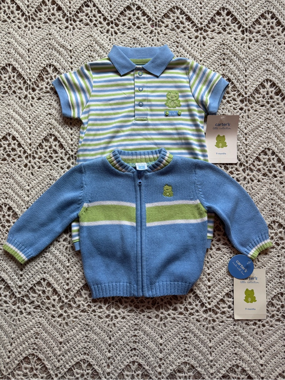 NWT Vintage Carter’s Baby Boy 9mos Frog Blue Green 2005 Romper & Sweater
